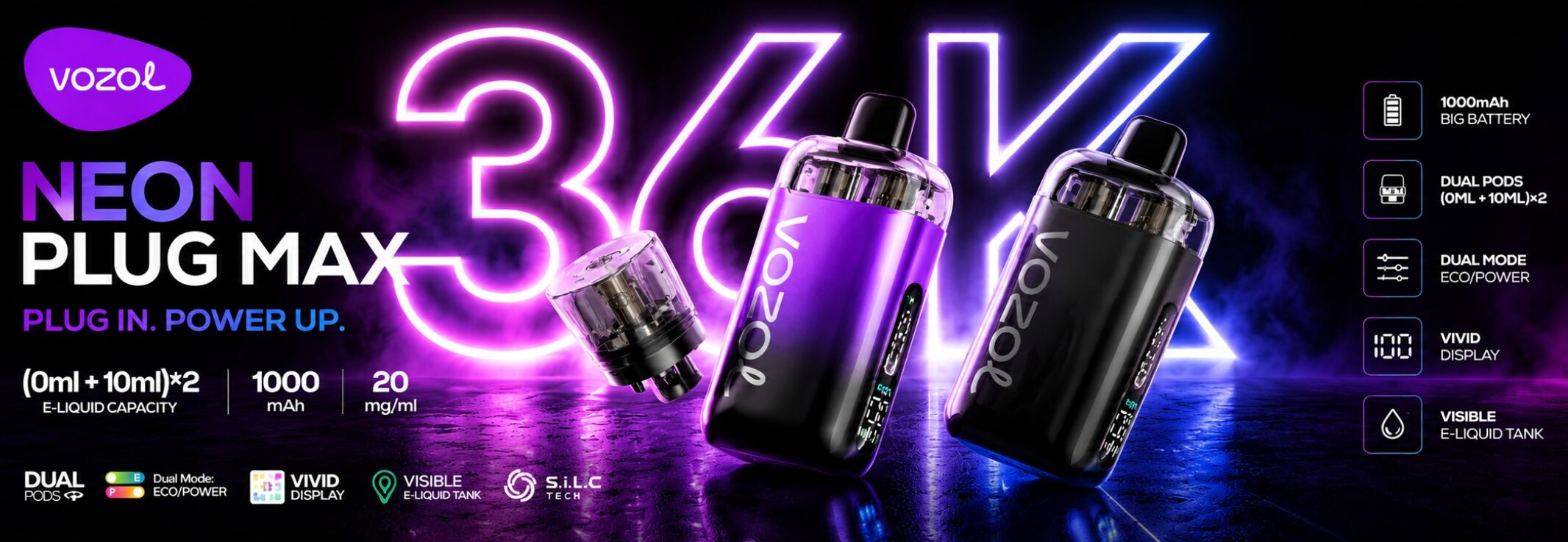vozol neon plug max, bis zu 36000 züge, tpd konform, eco und dual mode