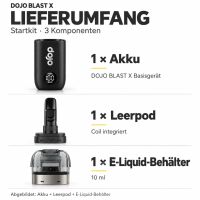 Dojo Blast X Lieferumfang: 1 Akku, 1 Leerpod, 1 E-Liquid-Behälter mit 10 ml