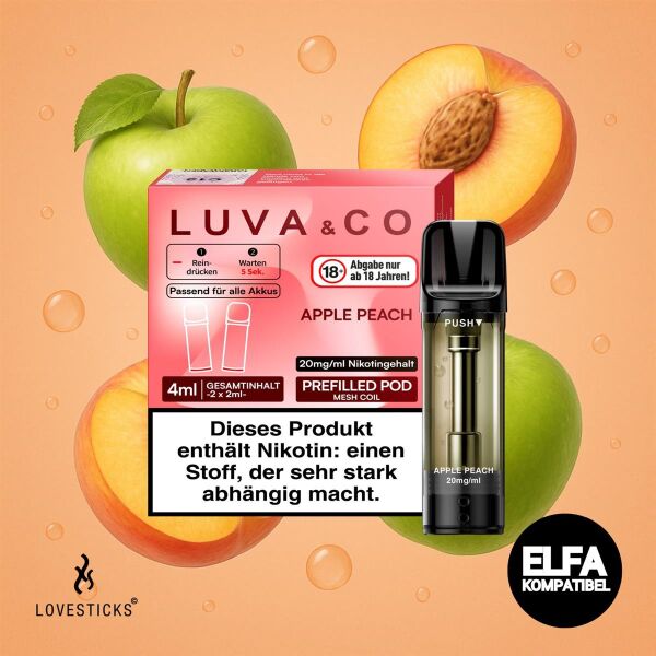 Packung LUVA & CO Apple Peach mit dem Pod daneben
