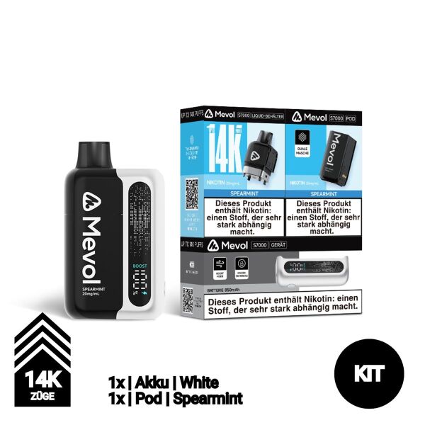Mevol S7000 | KIT | Akku White + Pod Spearmint | 14.000 Züge