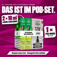 Al Fakher 50K Hypermax Prime Pod-Set: zwei 10-ml-Liquid-Container und ein Pod-Modul mit Coil, Beispiel Lemon Lime.