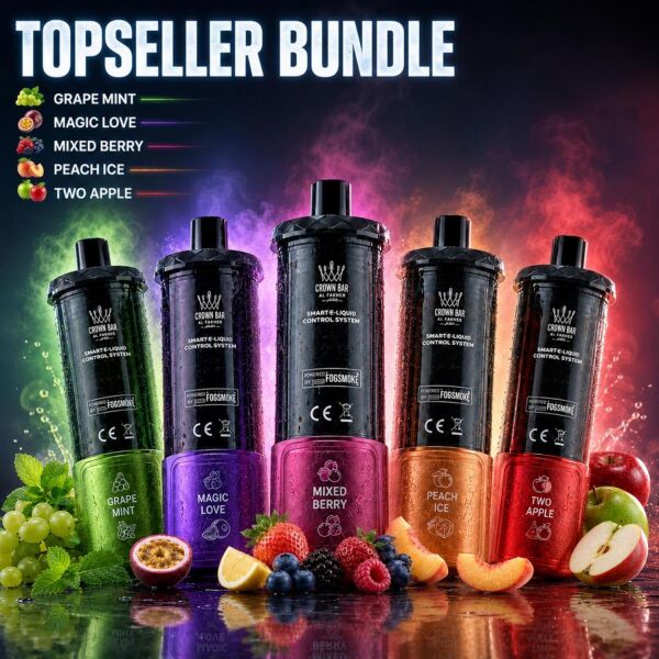 Karton des Al Fakher 50K Hypermax Prime TOPSELLER-Pakets mit den fünf Sortennamen auf der Vorderseite