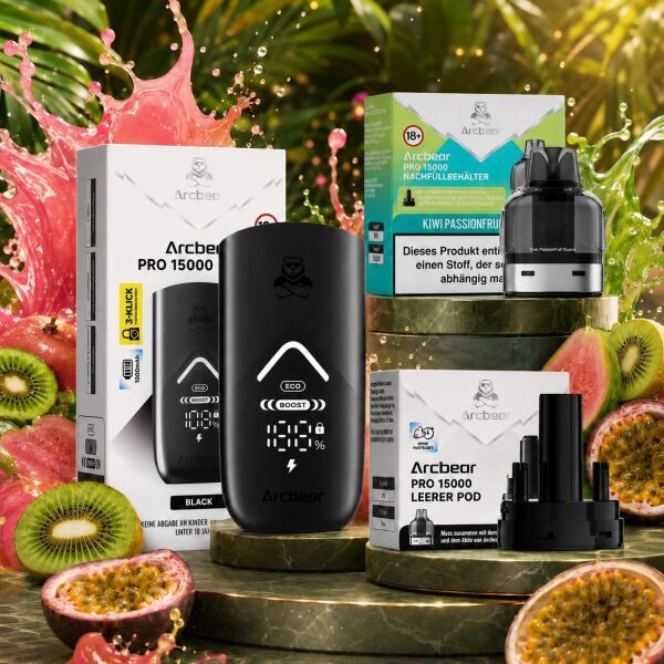 Arcbear by Flerbar Pod-Kit – Akku Black + Pod Kiwi Passionfruit Guava