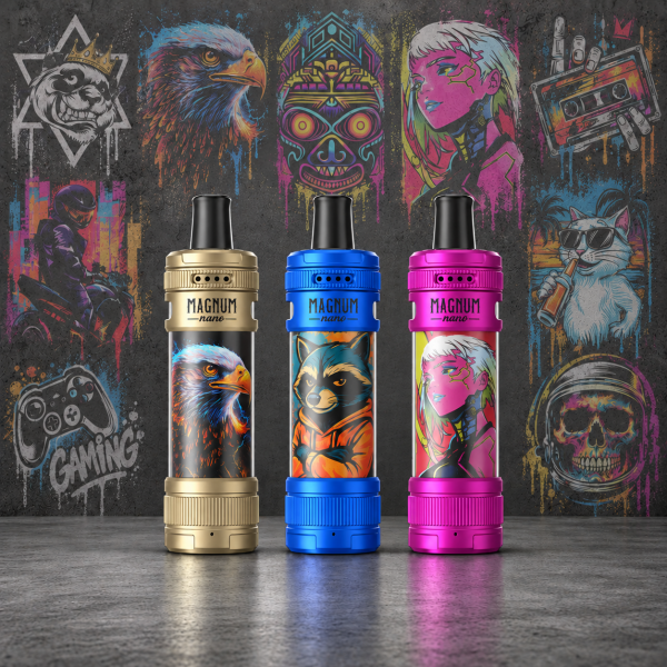Aspire Magnum Nano Pod-Kit in 10 Designs – Drei Aspire-Magnum-Nano-Geräte in Gold, Blau und Pink, nebeneinander vor einer grauen Graffitiwand mit Nano-Motiven