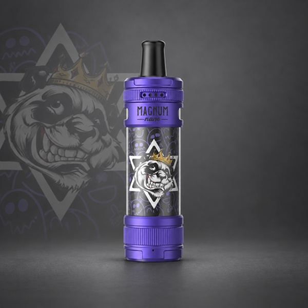 Aspire Magnum Nano Pod-Kit Blue Violet & Panda King – Violett mit einem schwarz-weißen Tierkopf, goldener Krone und geometrischem Rahmen