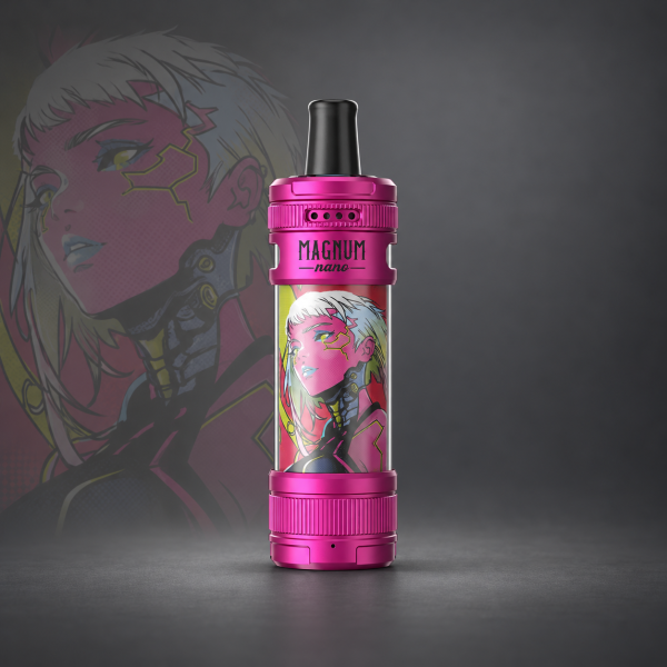 Aspire Magnum Nano Pod-Kit Pink & Lemon Cyber – Pink mit einer weißhaarigen Cyberpunk-Figur und technischen Halsdetails