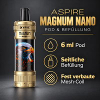 Aspire Magnum Nano Pod und Befüllung: 6-ml-Pod, seitliche Befüllung, fest verbaute Mesh-Coil