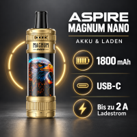 Aspire Magnum Nano Akku und Laden: 1.800 mAh, USB-C, bis zu 2 A Ladestrom