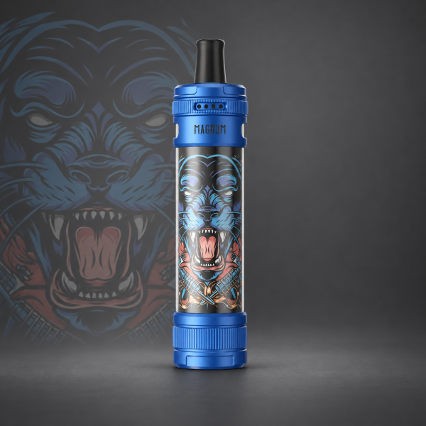 Aspire Magnum Pod-Kit Blue & Fire Tiger – Blau mit brüllendem blauem Raubkatzenmotiv und orangefarbenen Ornamenten