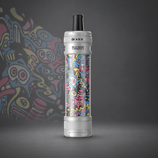 Aspire Magnum Pod-Kit Silver & Little Monsters – Silber mit buntem Doodle-Muster aus Augen, Gesichtern und geschwungenen Formen