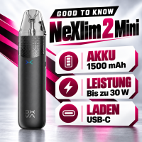 OXVA NeXLIM 2 Mini Infobild: Akku 1500 mAh, Leistung bis zu 30 W, Laden über USB-C