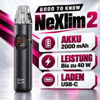 OXVA NeXLIM 2 Infobild: Akku 2000 mAh, Leistung bis zu 40 W, Laden über USB-C