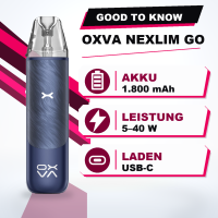 OXVA NeXLIM GO Infobild: Akku 1800 mAh, Leistung 5 bis 40 W, Laden über USB-C