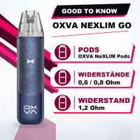 OXVA NeXLIM GO Infobild passende Pods: OXVA NeXLIM Pods mit 0,6, 0,8 und 1,2 Ohm