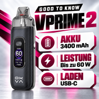 OXVA VPRIME 2 Infobild: Akku 3400 mAh, Leistung bis zu 60 W, Laden über USB-C