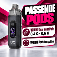 OXVA VPRIME 2 Infobild passende Pods: VPRIME Dual Mesh Pods mit 0,4 und 0,6 Ohm, ältere VPRIME Pods passen