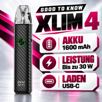 OXVA XLIM 4 Infobild: Akku 1600 mAh, Leistung bis zu 30 W, Laden über USB-C