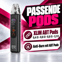 OXVA XLIM Pro 4 Infobild passende Pods: XLIM ABT Pods mit 0,4, 0,6, 0,8 und 1,2 Ohm, Anti-Burn mit ABT Pods