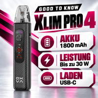 OXVA XLIM Pro 4 Infobild: Akku 1800 mAh, Leistung bis zu 30 W, Laden über USB-C