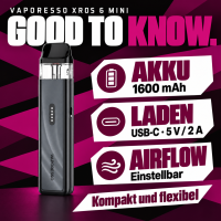 Vaporesso XROS 6 Mini Good to know: Akku 1.600 mAh, Laden USB-C 5 V / 2 A, Airflow einstellbar