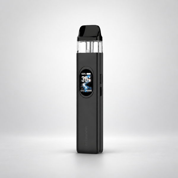 Vaporesso XROS 6 Pod-Kit Cosmic Black – Schwarz mit Display vor dezentem Hintergrund