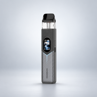 Vaporesso XROS 6 Pod-Kit Racing Black – Schwarz-Grau mit Carbonmuster mit Display vor dezentem Hintergrund