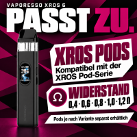 Vaporesso XROS 6 passt zu den XROS Pods mit 0,4, 0,6, 0,8, 1,0 und 1,2 Ohm