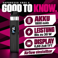 Vaporesso XROS 6 Good to know: Akku 1.800 mAh, Leistung bis 30 W, 0,88-Zoll-TFT-Display, Airflow einstellbar