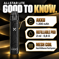 HQD Allstar Lite Good to know: Akku 1.200 mAh, Refillable Pod 2 ml und 0,8 Ohm, Mesh Coil