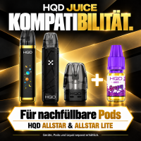 HQD Juice Kompatibilität: passt in die nachfüllbaren Pods von HQD Allstar und Allstar Lite