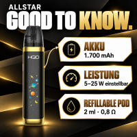 HQD Allstar Good to know: Akku 1.700 mAh, Leistung 5–25 W einstellbar, Refillable Pod 2 ml und 0,8 Ohm