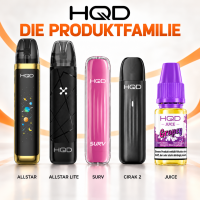 HQD Produktfamilie: Allstar, Allstar Lite, Surv, Cirak 2 und Juice