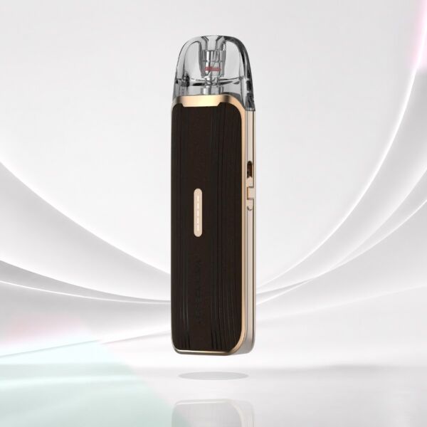 Vaporesso Luxe Q3 Pod-Kit in Mocha Brown – dunkelbraunes Gehäuse mit Rillenstruktur und goldfarbenem Rahmen
