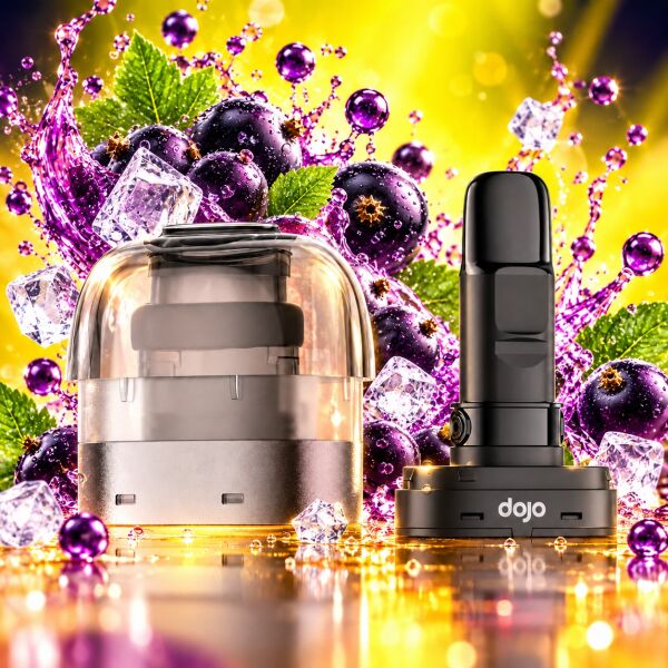Dojo Blast X Pod Blackcurrant Ice: Nachfüllbehälter und leerer Pod ohne Verpackung