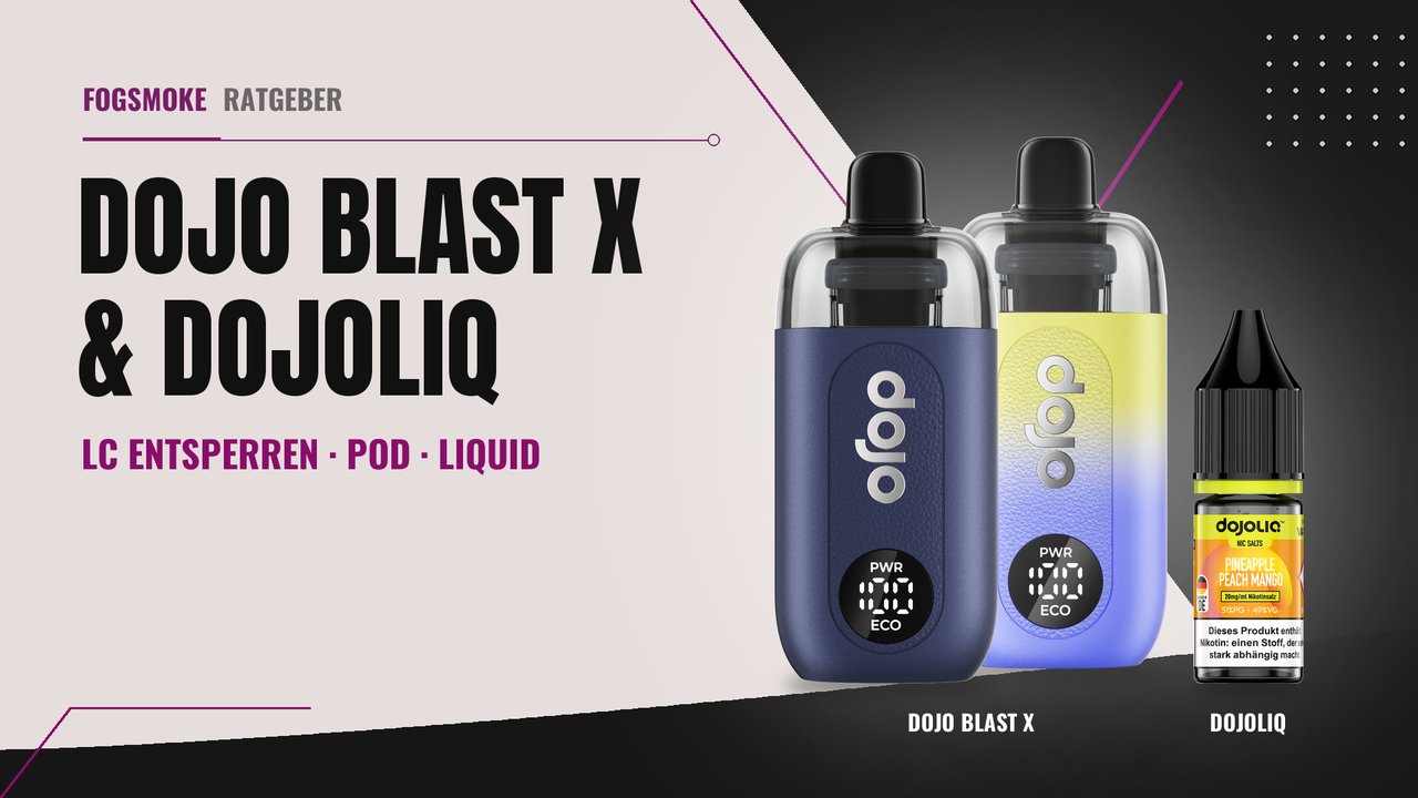 Vaporesso Dojo Blast X in Blau und Gelb-Blau mit aufgesetztem Pod neben einer Flasche Dojoliq
