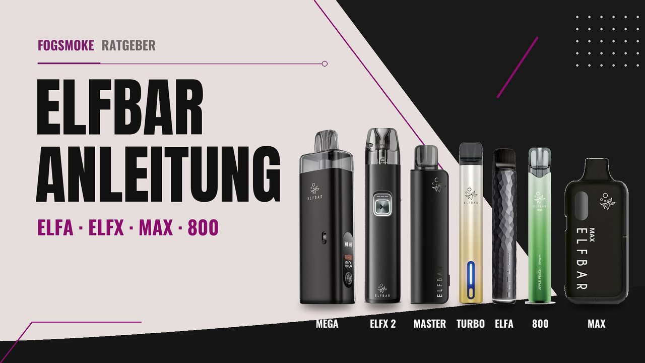 Elfbar ELFX Mega, ELFX 2, ELFA Master, ELFA Turbo, ELFA, Elfbar 800 und Elfbar MAX nebeneinander