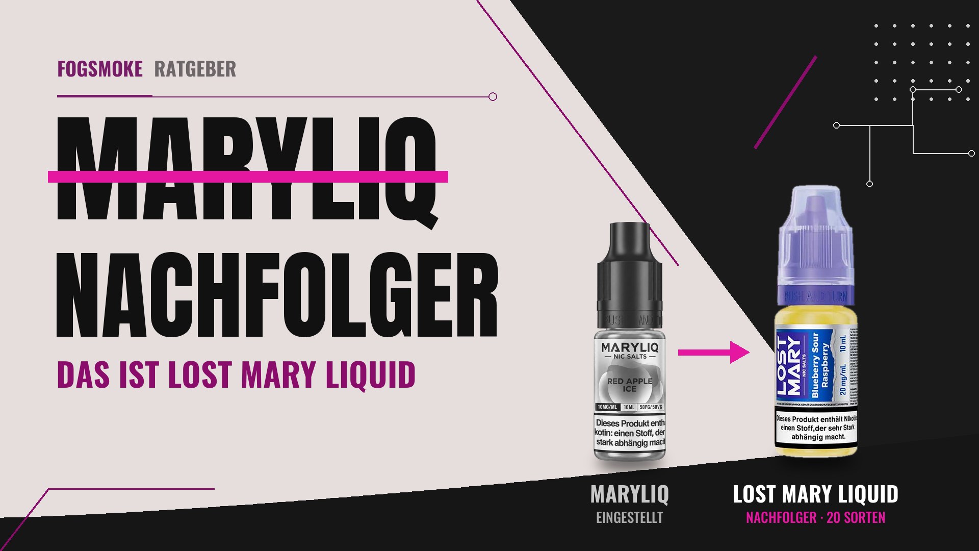 Maryliq eingestellt, Nachfolger Lost Mary Liquid: eine Maryliq-Flasche und eine Lost-Mary-Liquid-Flasche nebeneinander