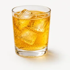 Ein Glas goldgelber Energy-Drink mit Eiswürfeln