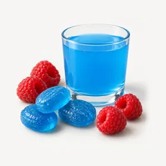 Blaue Bonbons, blaue Limonade und Himbeeren