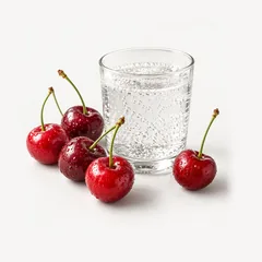 Kirschen neben einem Glas Limonade