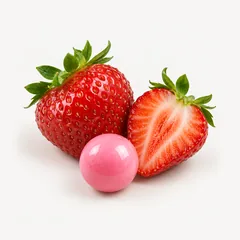 Rosa Kaugummikugel und Erdbeeren
