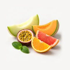 Melone, Passionsfrucht, Orange, Grapefruit und Minzblätter