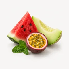 Wassermelone, Honigmelone, Passionsfrucht und Minzblätter