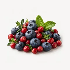 Heidelbeeren, Preiselbeeren, Minzblätter und Kräuterzweige