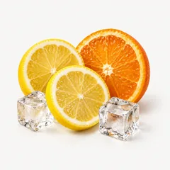 Zitronenscheiben, eine Orangenscheibe und Eiswürfel