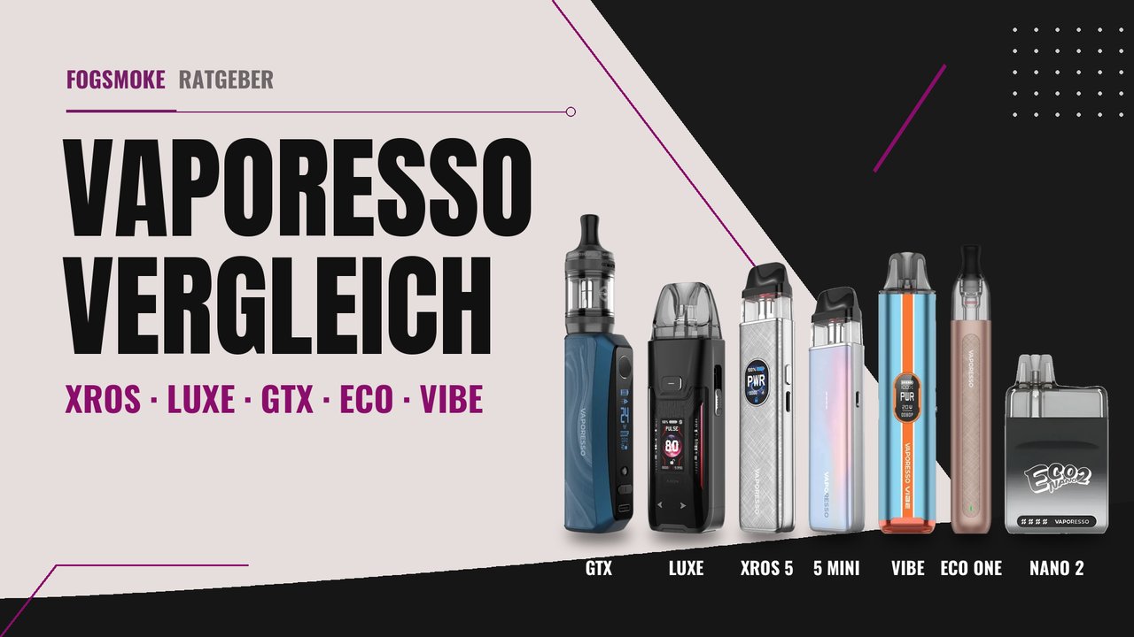 Vaporesso GTX One Pro, Luxe XR Max 2, XROS 5, XROS 5 Mini, Vibe, Eco One Pro und Eco Nano 2 nebeneinander
